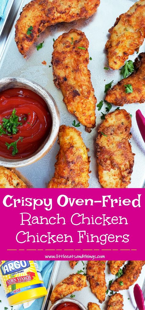 Since my kids are true chicken finger fans, I decided to make these Crispy Oven Fried Ranch Chicken Fingers for dinner using my secret ingredient, Argo Corn Starch! #ad. #CrispiestChicken #CrispyChicken #FriedChicken Bake Chicken Fingers, Oven Baked Ranch Chicken Tenders, Crispy Chicken Fingers Baked, Homemade Chicken Fingers Baked, Chicken Tender Recipes Ranch Seasoning, Crispy Ranch Chicken Tenders, Easy Chicken Finger Recipes, Oven Fried Chicken Tenderloins, Oven Baked Chicken Fingers