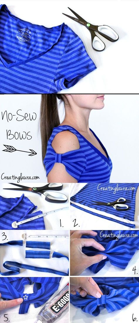 Create bow sleeves on a t-shirt without sewing. So easy! http://alldaychic.com/how-to-make-t-shirt-bow-sleeves-without-sewing-diy/ Gamle T Shirts, Diy Clothes Tops, No Sew Bow, Pola Blus, Blouse Tutorial, Shirt Makeover, Diy Sy, Haine Diy, Sewing Blouses