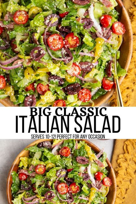 Classic Italian Salad with tomatoes, parmesan cheese, olives, onion, pepperoncinis, and homemade Italian dressing. This extra crunchy salad is bursting with big bold flavors and makes the best side dish for big families! #salad #potluck #summer #italian Italian Green Salad For A Crowd, Side Salad Recipes Italian, Simple Italian Salad Recipes, Chopped Salad Italian, Italian Cobb Salad, Italian Dish For A Crowd, Birthday Party Salads, Italian Salad For A Crowd, Chunky Salad Recipe