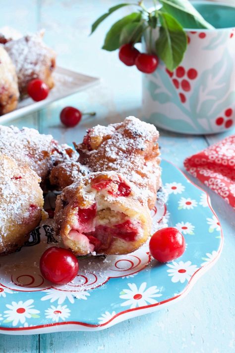 Red Tart Cherry Fritters - My Country Table Cherry Fritters, Cherry Breakfast, My Country Table, Tart Cherries, Easy Puff Pastry, Country Table, Fritter Recipes, Berries Recipes, Buttermilk Pancakes