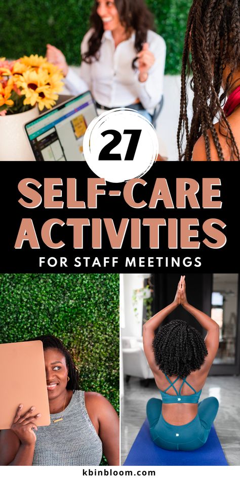 Whether you have a remote team, hybrid team, or fully on site team, team members everywhere are dealing with high-stress levels and could use some self-care activities. Adding carefully prepared wellness activities to staff meetings is an easy way to improve company culture. The best self-care activities boost employee well-being, decrease stress, and improve productivity. Employee Self Care Ideas, Staff Self Care Activities, Team Retreat Activities, Improve Work Morale, Self Care Retreat Activities, Well Being Ideas For Staff, Self Care Team Building Activities, Self Care For Teachers Ideas, Wellness Ideas For Teachers