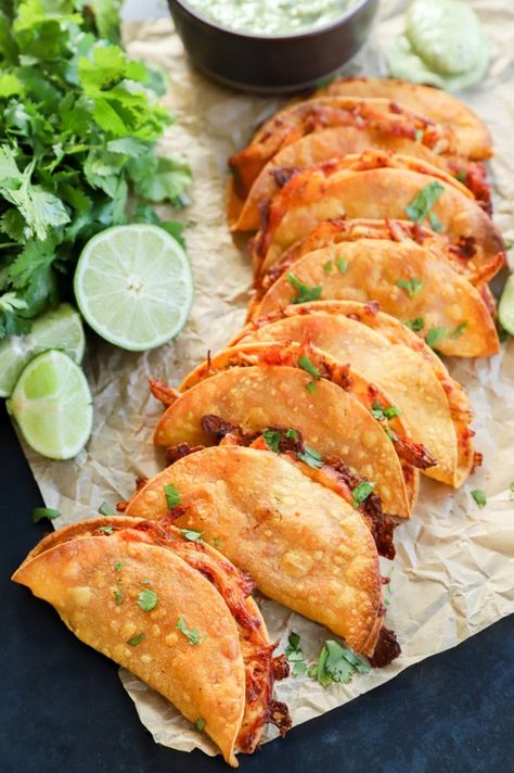 Easy Crispy Baked Chicken Tacos (ready in 30 minutes!) | Cake 'n Knife Crispy Tortillas In Oven, Crispy Fried Tacos, Chicken Tacos In Oven, Oven Tacos Chicken, Baked Chicken Tacos Flour Tortilla, Crispy Baked Chicken Tacos, Baked Crispy Tacos, Baked Crispy Chicken Tacos, Baked Chicken Tacos Oven