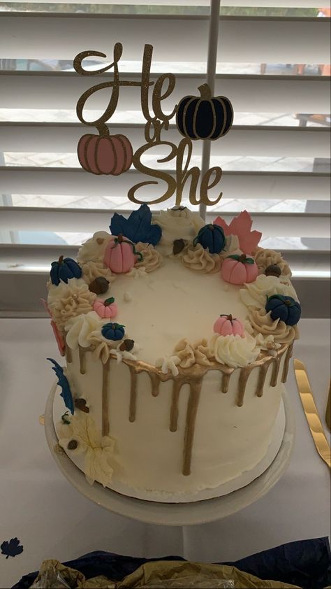 Blue And Pink Pumpkin Gender Reveal, Gender Reveal Cake Pumpkin Theme, Hello Pumpkin Gender Reveal, Gender Reveal Thanksgiving Ideas, Fall Gender Reveal Cake Ideas, Pumpkin Gender Reveal Ideas For Party, Fall Pumpkin Gender Reveal Ideas, Fall Gender Reveal Decor, Fall Gender Reveal Ideas For Party Food