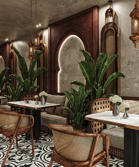 Cafe Style Interior, Traditional Style Restaurant Design, Indian Restaurants Interior Design, Pakistani Restaurant Interior Design, Moroccan Cafe Interiors, Nigerian Restaurant Interior, Modern African Restaurant Design, Boho Theme Restaurant, Middle Eastern Cafe Interior