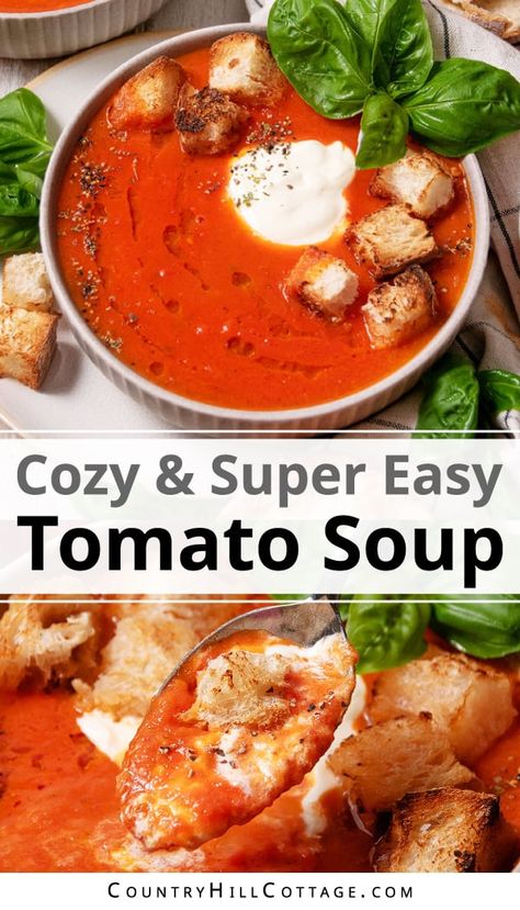 This easy tomato soup with canned tomatoes is incredibly delicious and ready in 30 minutes with a few simple ingredients. Thick, sweet, and creamy, it's the perfect light lunch or dinner and tastes delicious with a slice of crusty bread. And since the recipe starts with canned tomatoes, you can enjoy it year-round! This easy tomato soup comes together in about 30 minutes and is perfect with a gooey grilled cheese sandwich on the side. And easy family weeknight meal! | CountryHillCottage.com Frozen Tomato Soup Recipes, Dutch Oven Tomato Soup, Sun Dried Tomato Soup, Tomato Soup With Canned Tomatoes, Vegetarian Tomato Soup, Best Canned Tomatoes, Easy Homemade Tomato Soup, Quick Tomato Soup, Tomato Soup Healthy