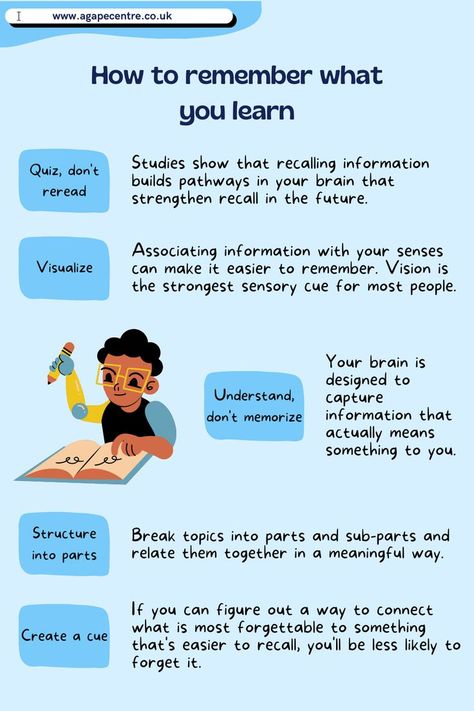 Blue infographic from a GCSE & A-Level tutoring organization, Agape Centre Tutors, on how to remember what you learn, followed by a call-to-action to follow the page for study tips and motivation. You can book a tutoring session on the website www.agapecentre.co.uk. How To Remember Anything, How To Organise Your Study Table, Media Studies Gcse Revision, Effective Revision Techniques, How To Remember What You Study Tips, Revision Techniques Gcse, Study Tips Gcse, Revision Ideas Gcse Tips, Gcse Revision Tips