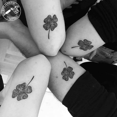 Clover Matching Family Tattoo Family Bond Tattoo Ideas, Finger Print Tattoo Ideas Family Trees, Four Leaf Clover Fingerprint Tattoo, Mother Of Three Tattoo, Family Of 4 Tattoo Ideas, Finger Print Tattoo Ideas, Thumb Print Tattoo Ideas, Three Tattoo Ideas, Family Tattoo Ideas Matching