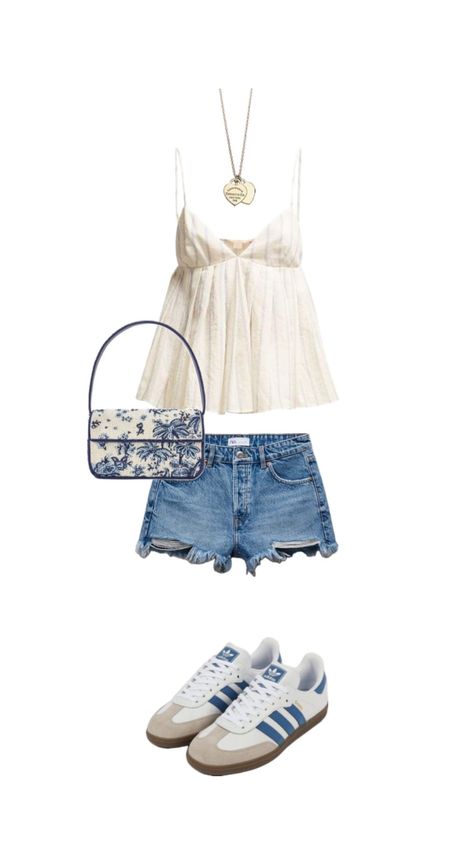 Casual Patio Outfit, Blue And White Floral Top Outfit, Blue And White Shorts Outfit, Blue Samba Adidas Outfit, Outfit With Sambas, Summer Outfits Stockholm Style, Somba Outfits, Stockholm Summer Outfit, Stockholm Summer Style