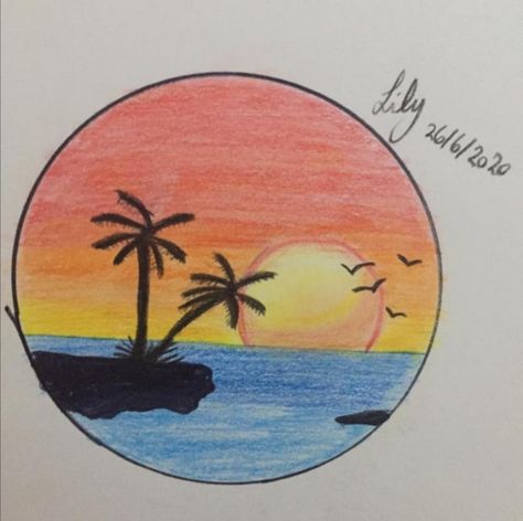 Drawing Sunset Pencil, Sunset Drawing Easy Pencil, How To Draw A Sunset, How To Draw Sunset, Simple Drawing Ideas Colourful, Sunrise Drawing Simple, Ocean Sunset Drawing, Pencil Color Drawing Easy, Sun Set Drawing