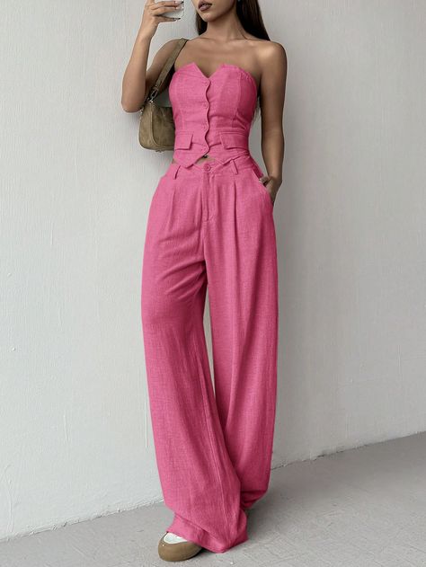 Hot Pink Casual Collar   Plain  Embellished Non-Stretch  Women Clothing Barbie Hot Pink, Hot Pink Outfit, Brunch Outfit, Pink Outfits, Pink Outfit, Wear Pink, Maternity Bag, Long Pants, Suits For Women