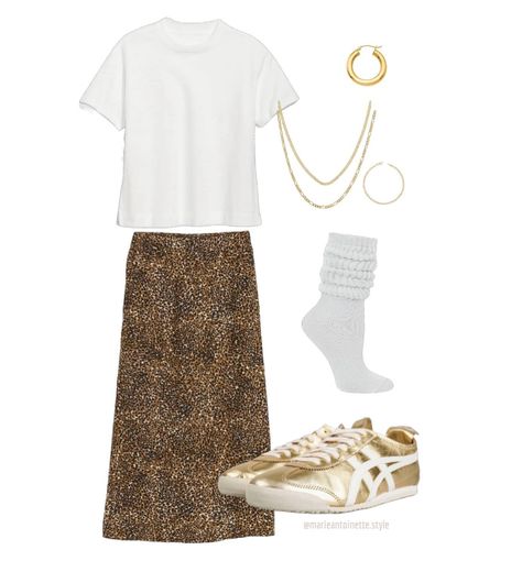 Happy Monday! There’s an extreme heat advisory out again for the triple digit heat in Cali so here’s an outfit that’s perfect to keep cool in ☀️ -White Vintage Crew Tee- @oldnavy -Animal Print Midi Skirt- @oldnavy -Slouch Socks- @amazon -Gold Onitsuka Tiger Sneakers- @stockx -14k Solid Gold Tube Hoops- @etsy -14k Solid Gold Chains & Bracelet- (Figaro Chain)Jewelry District DTLA & (Cuban chain & bracelet) @shopdelagold Gold Sneakers Outfit, Chains Bracelet, Tiger Sneakers, Cuban Chain Bracelet, Slouch Socks, Gold Sneakers, Solid Gold Chains, Figaro Chain, Printed Midi Skirt