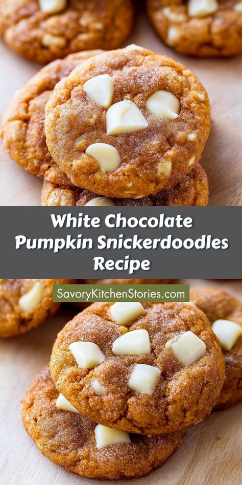 Treat yourself to a delicious twist on traditional chocolate chip cookies with White Chocolate Pumpkin Snickerdoodles! These soft, chewy cookies are infused with pumpkin and coated in cinnamon sugar, providing a delightful flavor experience. Perfect for your fall baking lineup, these cookies will leave everyone craving more! Crunchy Pumpkin Cookies, White Chocolate Pumpkin Snickerdoodles, Pumpkin White Chocolate Chip Cookies, Pumpkin White Chocolate, Christmas Celebration Ideas, Pumpkin Snickerdoodle Cookies, Chocolate Snickerdoodles, Snickerdoodles Recipe, Soft Chewy Cookies