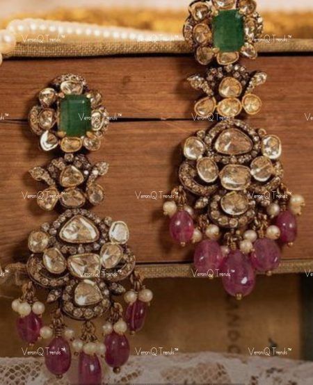 VQ-133 Victorian Polki Earrings, Victorian Earrings Indian, Victorian Jewelry Indian, Kundan Gold Jewellery, Victorian Jewellery Designs, Victorian Jewelry Necklace, Polki Choker Set, Indian Bridal Jewelry Sets, Antique Jewellery Designs