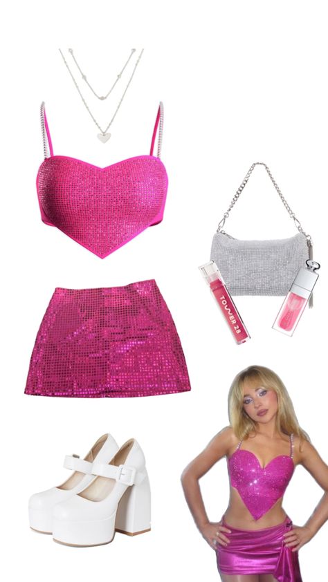 short n sweet tour sabrina carpenter inspired look: magenta sparkly heart top with magenta sparkly matching skirt Diy Sabrina Carpenter Outfits, Short N Sweet Outfits, Sabrina Inspired Outfits, Sabrina Carpenter Pink Outfits, Concert Outfit Sabrina Carpenter, Sabrina Carpenter Heart Outfit, Sabrina Carpenter Outfits Inspired, Sabrina Carpenter Tour Outfits Ideas, Short N Sweet Tour Outfit Ideas