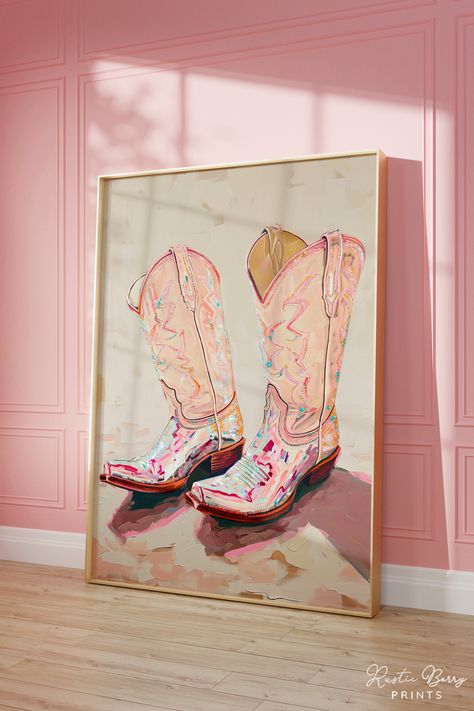 Pink Cowgirl Boots Art Print Wall Art Poster Vintage Preppy Trendy Western Decor Dorm Room Instant Download PRINTABLE - Etsy Preppy Western Bedroom Ideas, Wall Art Living Room Pink, Preppy Western Room Ideas, Pink And Orange Western Bedroom, Dolly Wall Art, Pink Western Prints, Vintage Western Decor Bohemian, Western Chic Nursery, Dolly Inspired Room