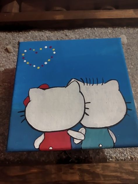 Mini Canvas Art Hello Kitty, Painting Ideas Easy Hello Kitty, Hello Kitty Painting Canvases Easy, Cute Hello Kitty Painting, Couple Painting Ideas Cartoon Easy, Hello Kitty Art Painting, Sanrio Painting Canvas, Sanrio Painting Ideas, Couples Canvas Painting Ideas Easy