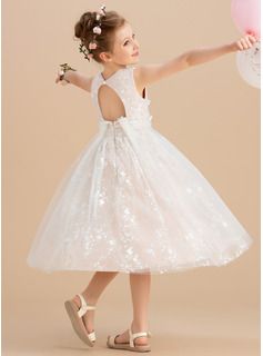 A-Line Tea-length Flower Girl Dress - Tulle/Lace Sleeveless Scoop Neck With Beading/Flower(s) (010172358) - JJ's House Tea Length Flower Girl Dress, Sleeveless Flower Girl Dresses, Tea Length Tulle, Girls Ball Gown, Cheap Flower Girl Dresses, Gown Princess, Girls Dresses Online, Ball Gowns Princess, Tulle Flower Girl