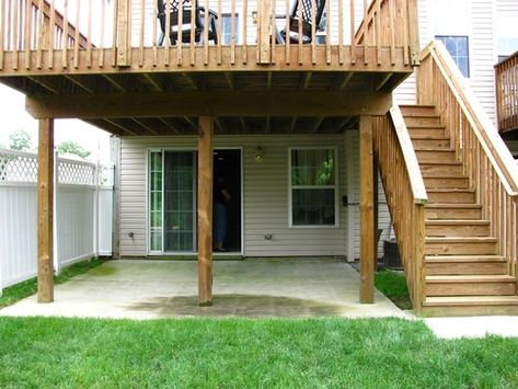 Garden Basement Ideas, Concrete Patio Under Deck Ideas, Small Back Deck Designs, Under Deck Patio Ideas Walkout Basement, Walkout Basement Patio Ideas Under Decks, Deck With Patio Underneath, Walkout Basement Patio, Basement Patio, Patio Under Decks