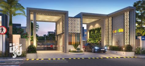 3D Rendering Of Entrance Gate with Green Wall | Gatehouse Entrance Modern, Township Entrance Gate Design Modern, Residential Entrance Gates Design, Colony Entrance Gate Design, Resort Entrance Gate Design, Gate House Entrance, Entrance Gates Design Architecture, Entrance Gates Design Architecture Front Entry, Gate Design Modern Entrance Architecture