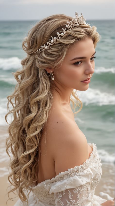 Wedding Hair Off Face, Wedding Hairstyles With Beads, Long Hair Wedding Hairstyles Down, Goddess Wedding Hairstyles, Brides Long Hair Styles, Mermaid Hair Waves Wedding, Bride Elegant Hairstyles, Bride With Long Hair, Cinderella Wedding Hairstyles