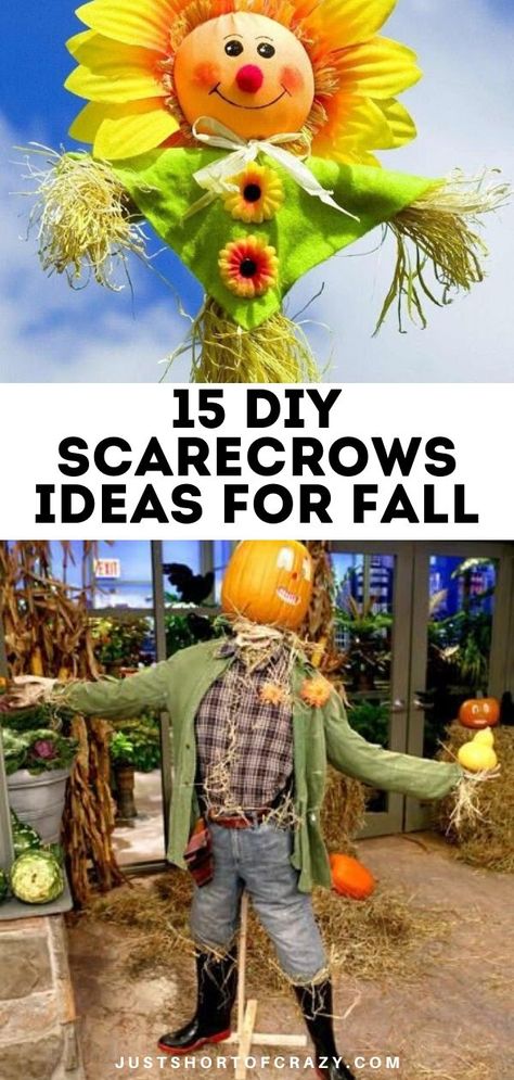 15 Scarecrow Ideas for Fall Fun - Just Short of Crazy Diy Scarecrow For Halloween, Make A Scarecrow For The Garden, Outdoor Fall Decor With Scarecrows, Real Estate Scarecrow Ideas, Scarecrow Ideas Halloween, Homemade Scarecrow Ideas, Outdoor Scarecrow Display, Scarecrow Row Ideas, Scarecrow Ideas For Contest Fun