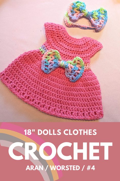 Free crochet pattern for a dolls dress designed to fit 18" dolls. The dolls dress and headband are made using aran/worsted/weigh4 yarn. Free Crochet Pattern For Dolls Clothes, Free Crochet Doll Clothes Patterns English, Crochet Hat For Doll Free Pattern, Crochet Doll Skirt Free Pattern, American Doll Crochet Clothes, Free Doll Clothes Crochet Patterns, Crochet 16 Inch Doll Clothes Free Pattern, Crochet Dolls Dresses Free Patterns, Crochet Dress For Doll Free Pattern