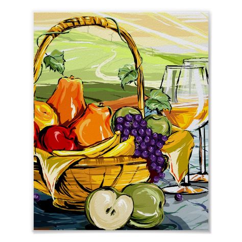 Watercolor Picnic Fruit Basket and Wine Poster. Fruit Basket Painting Acrylic, Fruit Basket Drawing, Watercolor Picnic, Picnic Fruit, Poster Color Painting, Composition Painting, Basket Drawing, Window Drawing, Fruits Drawing