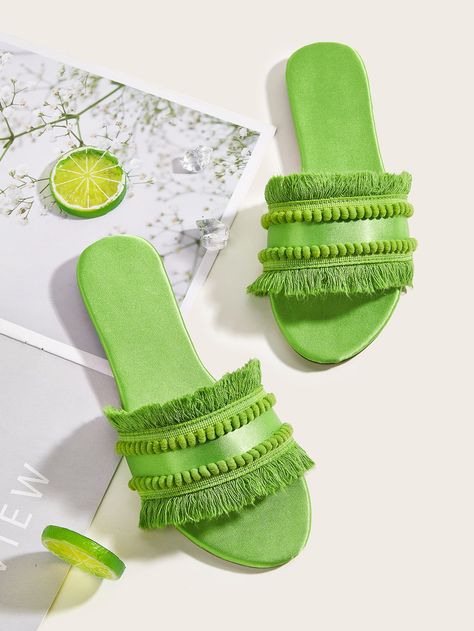 Pom Pom Decor, Large Size Womens Shoes, Fabric Jewellery, Beach Towel Blanket, Crochet Sandals, Outer Wear, Low Heel Sandals, Satin Heels, Vert Olive