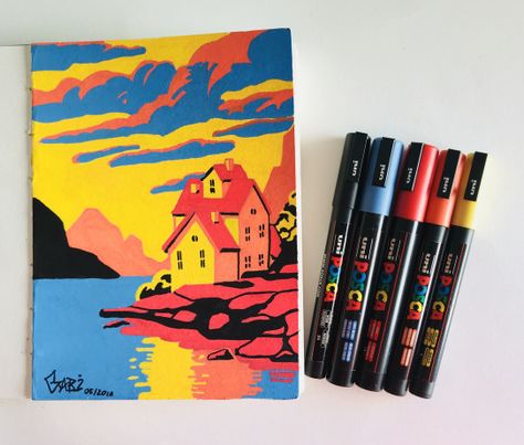 Posca Pens Aesthetic, Drawing Posca Pens, Posca Art Landscape, Posca Pen Landscape Art, Drawing Ideas Posca Pens, Posca Pens Art Ideas Aesthetic, Art Posca Ideas, Aesthetic Posca Art, Posca Painting Ideas