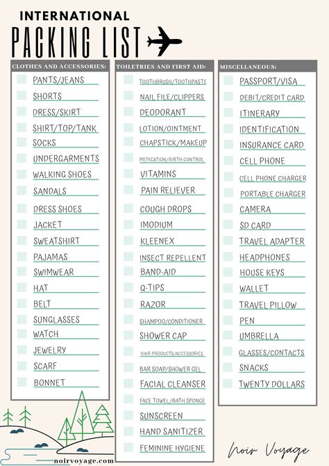 Click here for the best international packing list with tips and necessary travel accessories! Student Travel Checklist, Vacation Packing List Template, Traveling Overseas Tips, Packing List For Overseas Travel, Exchange Student Packing List, Au Pair Packing List, International Trip Packing List, International Packing List For Women, Travel Abroad Packing List