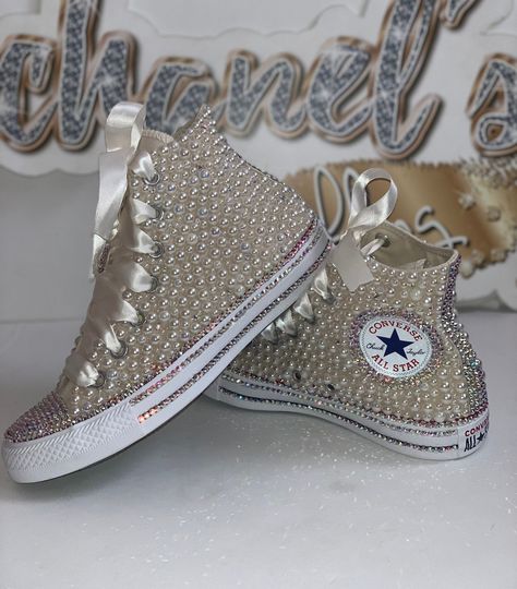 WOMEN'S Ivory/iridescent Rhinestone Glam Bling Converse - Etsy Converse Wedding Shoes, Bedazzled Shoes, Custom Sneakers Diy, Ribbon Shoes, Bling Converse, Diy Sneakers, Wedding Converse, Bling Shirts, High Top Converse