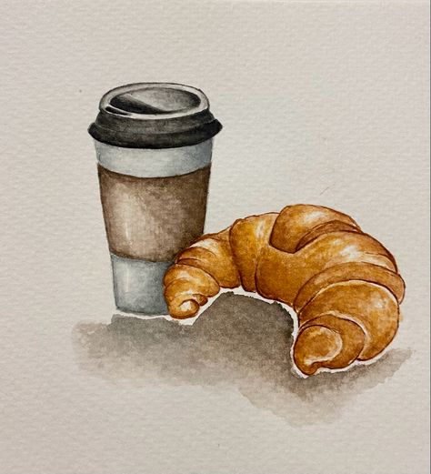 Pastries Painting, Croissant Sketch, Croissant Watercolor, Croissant Drawing, Coffee Art Painting, Art Markers Drawing, Coffee Watercolor, Coffee Drawing, Stickers Kawaii