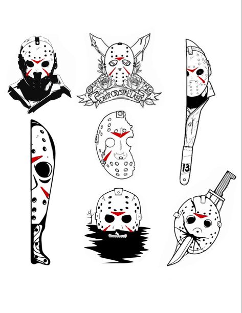 Michael Myers Small Tattoo, Jason Voorhees Tattoo Small, Cute Small Drawings Simple Tattoo Ideas, Simple Beetlejuice Tattoos, Small Jason Voorhees Tattoo, Matching Tattoos Female, Horror Movie Tattoo Designs, Simple Horror Movie Tattoos, Horror Patchwork Tattoo