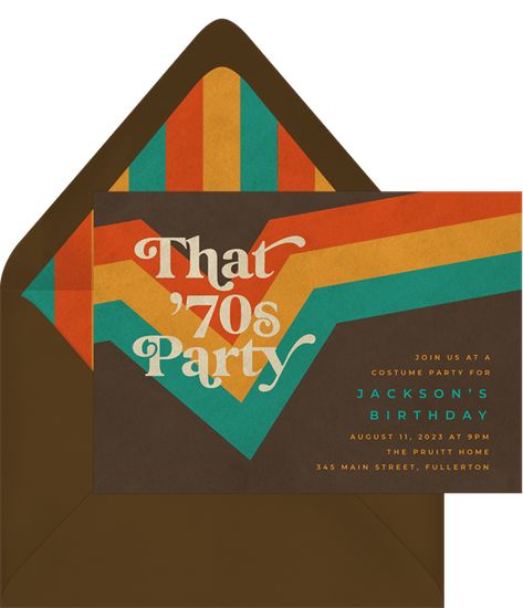 A fun party invitation with a 70s vibe. It features funky typography and a swanky color palette that is sure to set the mood. 1973 Themed Birthday Party, 70 And 80 Theme Party, 70s 50th Birthday Party Ideas, 70s Birthday Party Invitations, Black 70s Party Theme, 70s Theme Party For Men, Retro 50th Birthday Party, 70s Retro Birthday Party, 1973 Party Ideas