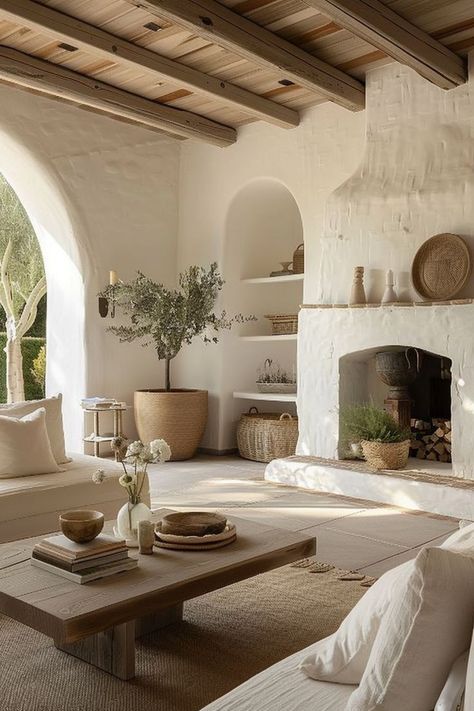 Cosy Mediterranean Interior, Peaceful Home Interiors, Old Mediterranean Interior, Mediterranean Farmhouse Living Room, Mediterranean Coastal Interior, Desert Chic Home, Boho Mediterranean Living Room, Cozy Mediterranean Home, Stucco Interior Design