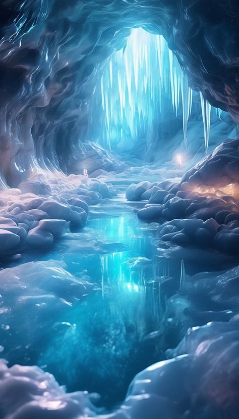 ice cavern, Epic fantasy art Ice Caves Fantasy Art, Ice Village Concept Art, Ice Forest Fantasy Art, Fantasy Ice Village, Water And Ice Aesthetic, Ice World Fantasy Art, Ice Village Fantasy Art, Ice Cave Concept Art, Ice Warrior Fantasy Art