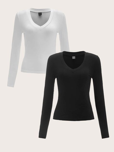 Black and White Basics  Long Sleeve Viscose Plain  Embellished Slight Stretch Spring/Fall Women Tops, Blouses & Tee Black And White Shirt, Black Long Sleeve Shirt, White Long Sleeve Shirt, Long Sleeve Tops Casual, Plain Tops, Sport T-shirts, Style Streetwear, Inspiration Mode, Girls Tshirts