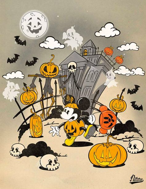 Disney Halloween Vintage, Retro Disney Halloween, Disney Halloween Images, Halloween Art Drawing Illustrations, Disney Halloween Art, Halloween Art Ideas, Vintage Disney Halloween, Halloween Art Drawing, Art Ideas Easy