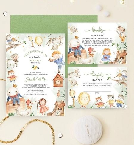 Nursery Rhyme Themed Baby Shower Ideas – Lullaby Music – Baby Shower Ideas 4U Book Baby Shower Invitation, Baby Shower Garcon, Nursery Rhyme Characters, Baby Boy Shower Party, Invitation Baby Shower, Mother Goose, Children's Picture Books, Nursery Rhyme, Baby Shower Invitations For Boys