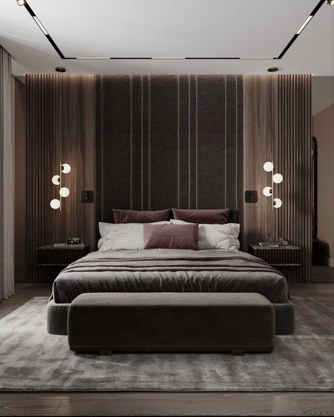 Magnetic Track Lighting Bedroom, Brown Colour Bedroom, Magnetic Track Light Ceiling, Track Lighting Bedroom, Colour Bedroom, Magnetic Track Light, Platform Bed Designs, Bedroom Decoration Ideas, Side Bed