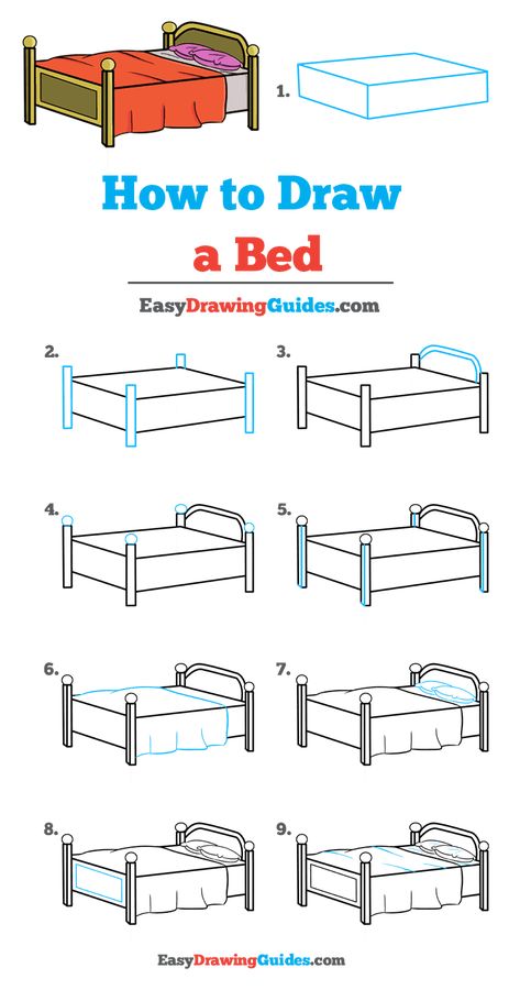 Step By Step Furniture Drawing, Cute Bed Drawings, 3d Bed Drawing, How To Draw A Bed Step By Step, Bed Drawing Side View, How To Draw Bedroom, Bed Perspective Drawing, How To Draw Furniture, How To Draw A Bed