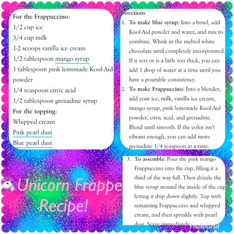 🦄STARBUCKS UNICORN FRAPPE RECIPE UNLEASHED!😮🤫🤭 Starbucks Drinks Unicorn Frap, Unicorn Frappuccino Starbucks Recipe, Unicorn Frappuccino, Unicorn Frappe Recipe, Unicorn Frappe, Unicorn Frappuccino Starbucks, Starbucks Frappuccino Recipe, Starbucks Drink Menu, Frappe Recipe