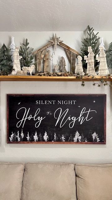 Nativity Tray Decor, Nativity Christmas Decor Ideas, Silent Night Table Decor, Nativity Scene Mantle Display, Christmas Decor Ideas Nativity, Nativity Ideas Decoration, Mantel Nativity Scene Display, Hobby Lobby Nativity Scene, Nativity Mantle Decor