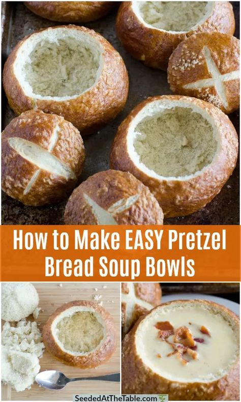 These homemade pretzel bread bowls are perfect for soups or dips. Try your hand at this easy bread bowl recipe now! Hawaiian Bread Bowl Recipe, Pretzel Bread Bowls, Quick Bread Bowl Recipe, Bread Bowl For Soup, How To Make Bread Bowls For Soup, Chili Bread Bowl Recipe, Bread Machine Pretzel Bread, Easy Bread Bowl Recipe, Soup For Bread Bowls