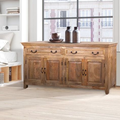 Kelly Clarkson Home Summit 72" Wide 3 Drawer Poplar Wood Buffet Table | Wayfair Rustic Sideboard Buffet, Natural Wood Sideboard, Side Cupboard, Antique Sideboard Buffet, Tuscany Decor, Large Cabinets, Sideboards And Buffets, Vermont House, Amp Storage