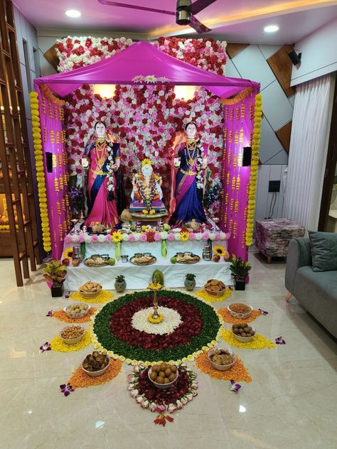 Gauri Ganpati Decoration Rangoli, Gouri Ganpati Decoration Ideas, Mahalaxmi Decoration Ideas At Home, Gauri Ganpati Decoration Ideas, Ganpati Decoration Images, Mahalaxmi Decoration, Bappa Decoration, Gauri Ganpati, Gauri Decoration