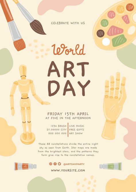 Creative Pastel Art Day Event Poster Event Poster Design Illustration, Art Flyer Ideas, Invitation For Art Exhibition, Art Sale Poster, Canva Event Poster, Painting Event Poster, Art Contest Poster, Art Fair Poster Design, Art Workshop Poster Design