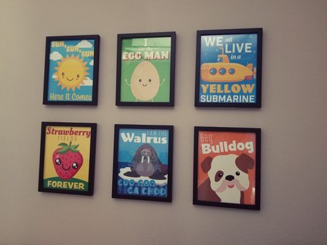 Beat Bugs Nursery.   Handmade signs of Beatles lyrics. Frames from Hobby Lobby. Beatles Themed Nursery, Beatles Bathroom, Beatles Nursery, Beatles Theme, Beat Bugs, Beatles Baby, Beatles Lyrics, Babies Stuff, Handmade Signs