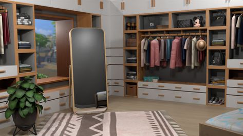 FinJingSims - CAS Backgrounds Minimal Dressing Room I - The Sims 4 Mods - CurseForge Cas Room, Sims 4 Cas Background, Cas Background, Recessed Panel Cabinets, Light Wood Cabinets, Anime Backgrounds, Dressing Room Design, Sims 4 Mods, Light Wood