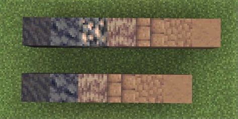 A gradient of minecraft blocks in row from the dark Mud block to light tan mushroom blocks. The order of the gradients is mud, basalt, deepslate iron ore, dripstone block, mud bricks, packed mud, and lastly brown mushroom block. Brick Minecraft, Minecraft Gradient, Minecraft Brick, Minecraft Blocks, Minecraft Structures, Minecraft Interior Design, Cool Minecraft Creations, Diy Minecraft, Minecraft Room